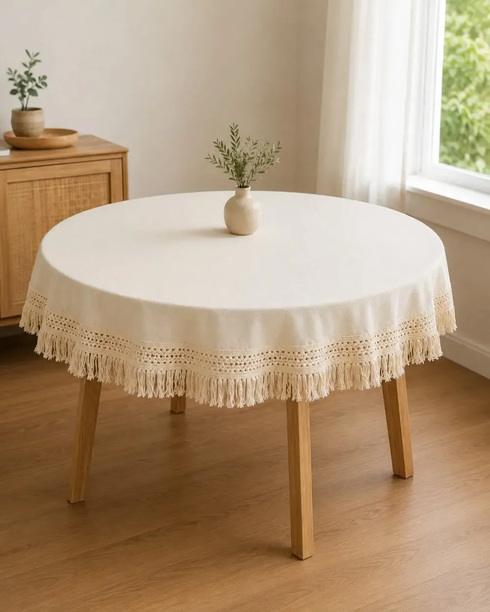 Cream Round Crochet Fringe Boho Farmhouse CottagecoreTablecloth 60 Inch Diameter